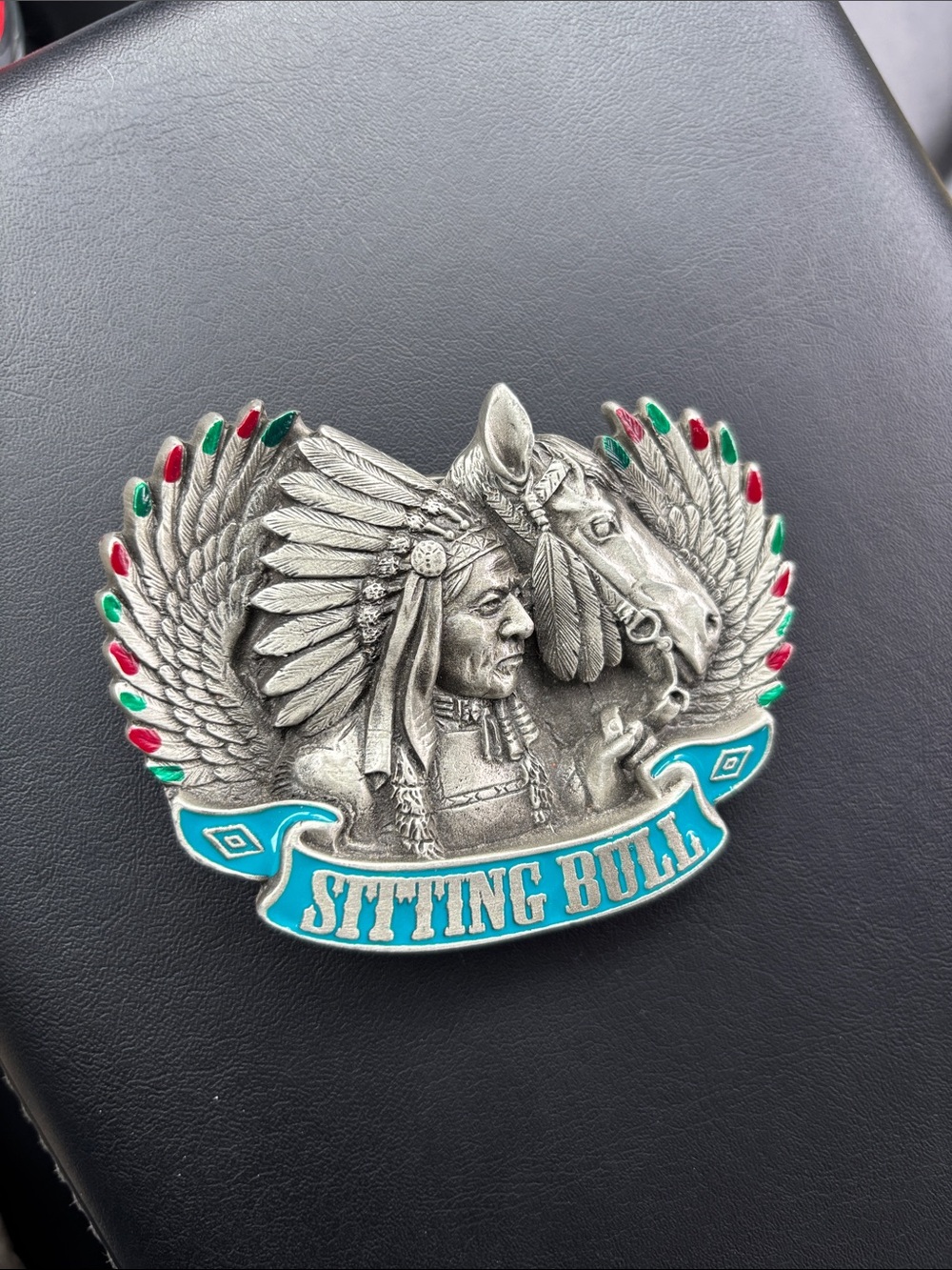 Sitting Bull Silver-Tone Western Buckle with Turquoise Accent
